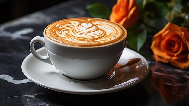 Photo view of hot cappuccino coffee with beautiful caramel in white cup on marble table