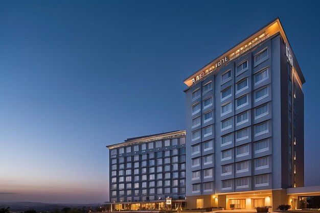 View of a hotel in evening sky