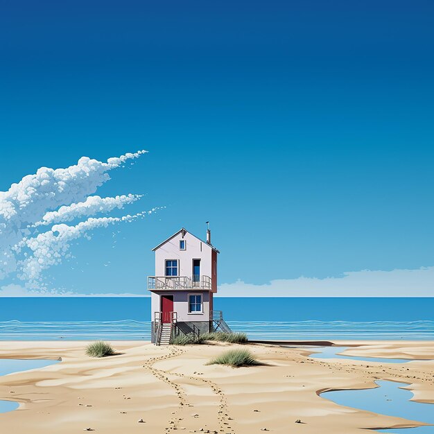 Foto vista di una casa sulla spiaggia con uno sfondo di cielo blu