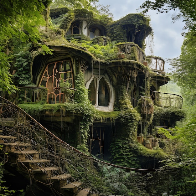 Photo view of house made from vegetation in forest