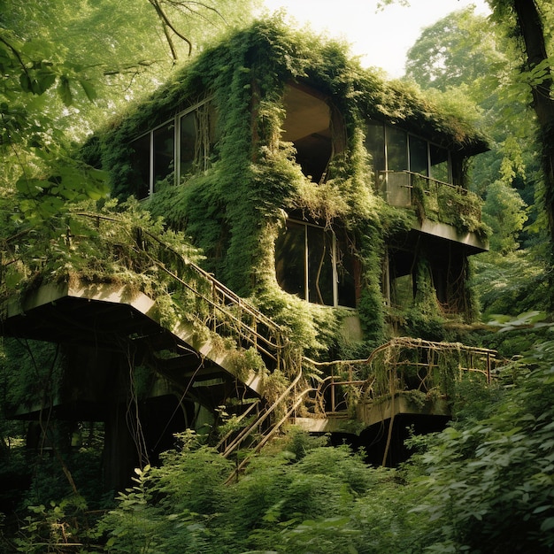 Foto vista della casa fatta di vegetazione nella foresta
