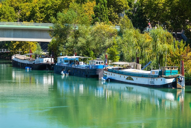 View of houseboats on the river in Lyon France