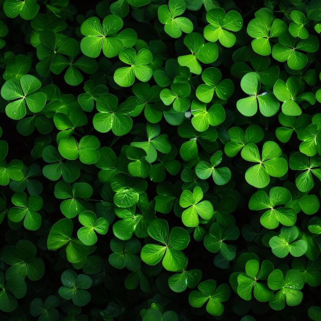 Вид на сотни зеленых клеветов Зеленый четырехлистный клевер - символ Дня Святого Патрика