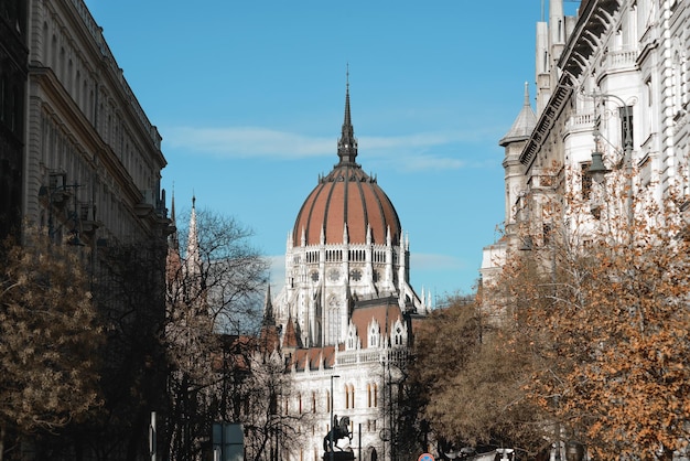 ハンガリーの狭い通りを通るハンガリー国会議事堂の眺め