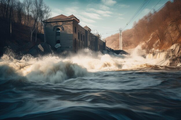 Foto vista della centrale idroelettrica con l'acqua che scorre veloce attraverso le turbine create con l'ia generativa