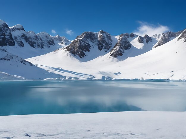 View of the icy lake and the high snowy mountains ai generated