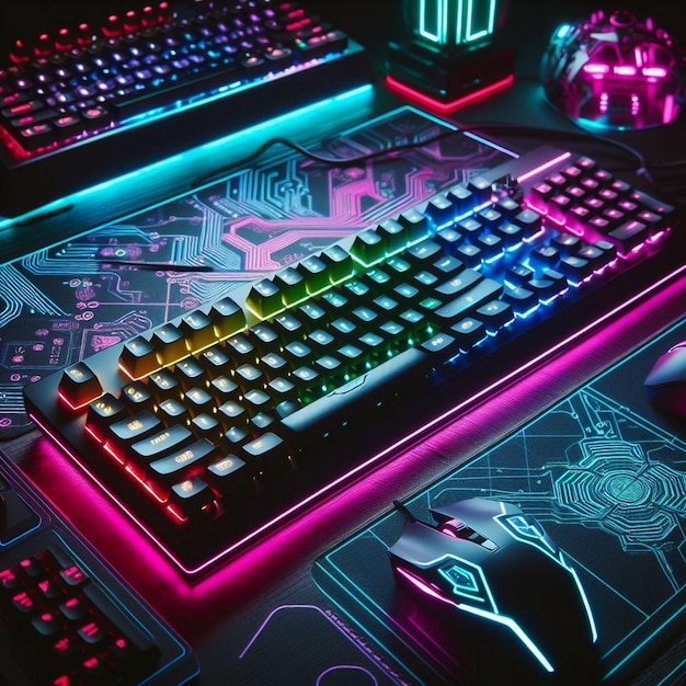 Photo view of illuminated neon gaming keyboard setup and controller