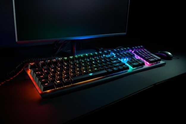 view of illuminated neon gaming keyboard setup and controller