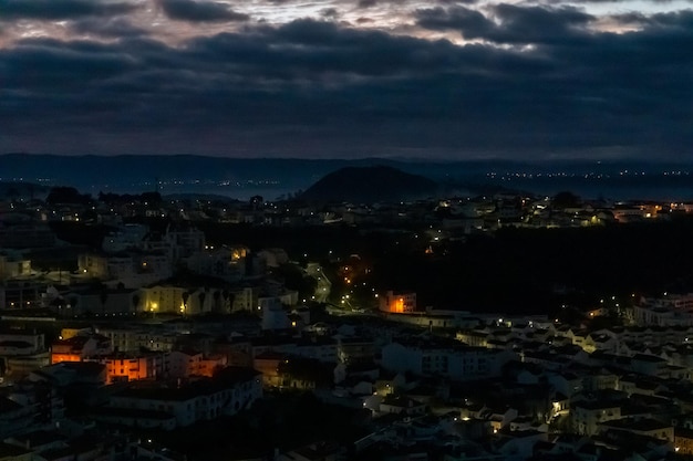 View of the illuminated streets of Nazare from the lighthouse