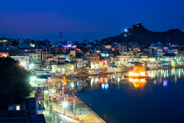 View of indian pilgrimage sacred city Pushkar with Pushkar ghats. Rajasthan, India. Horizontal pan