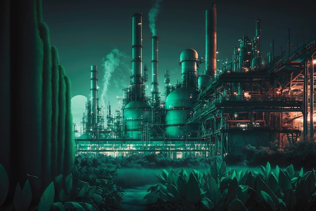 View of industrial landscape at night chemical and petrochemical industry plant with green growing plants generative ai