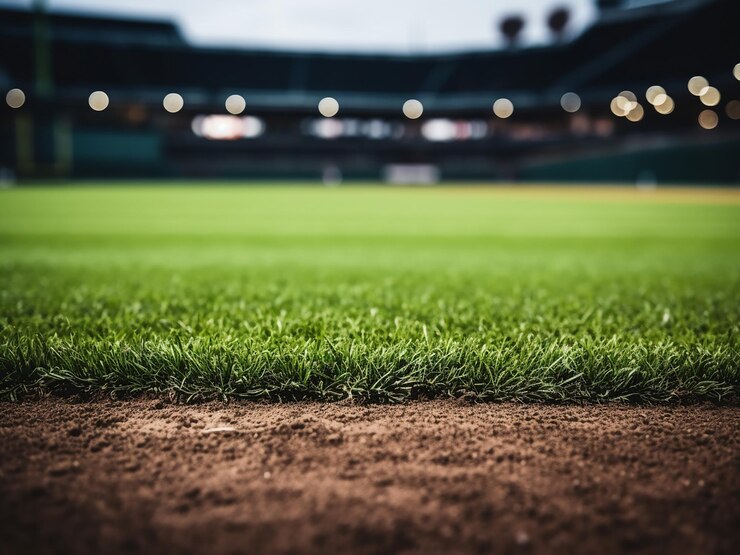 Photo view of infield dirt and outfield grass at a baseball stadium