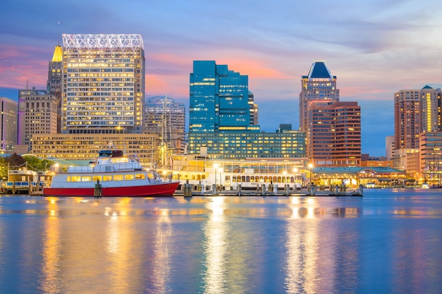 View of Inner Harbor area in downtown Baltimore Maryland USA at sunset
