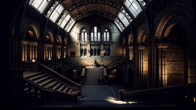 A view of the inside of a building with a staircase and a window that says'the word london '