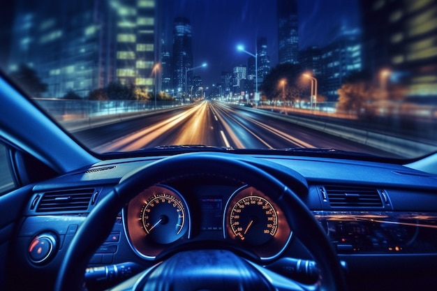 Вид изнутри современного автомобиля в ночном 3d рендеринге
