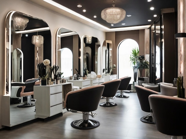 View inside of a modern salon showing mirrors