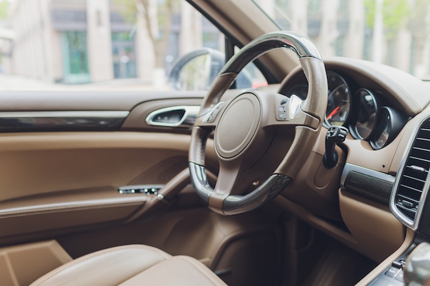 Photo view of the interior of a modern automobile showing the dashboard.