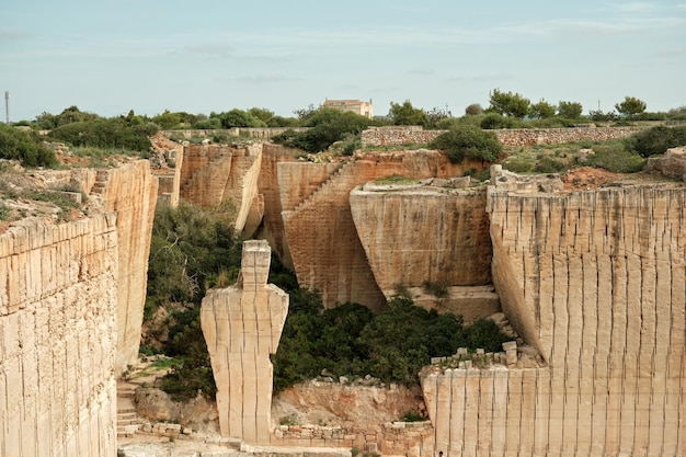 Photo view into part of lithica with maze made out of cut stone historic monument in spain