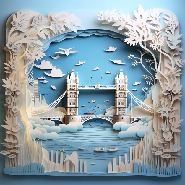 A view of intricate Illustration of a paper art style bridge design