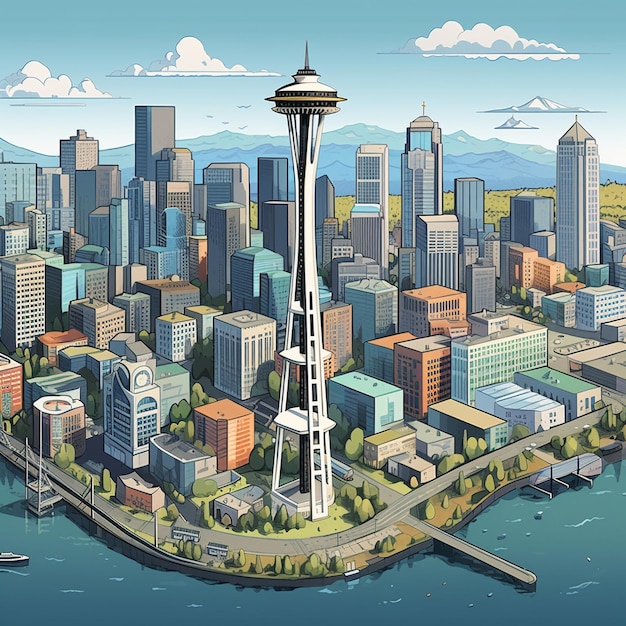 Вид на изометрическую архитектуру и здания из Сиэтла, США