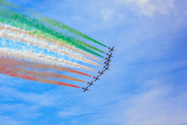 View of Italian military airplane called frecce tricolore 