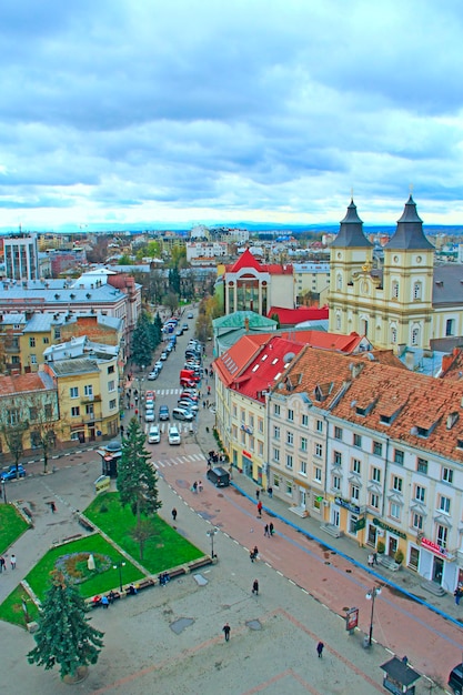 Photo view to ivano frankivsk from a bird's eye view with blue sky on background view from above