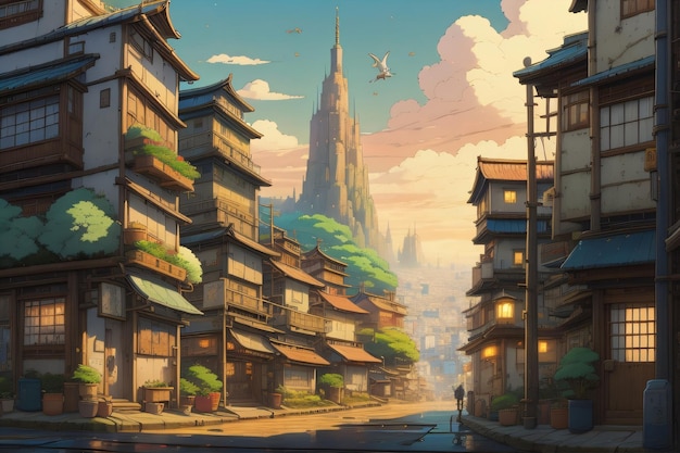 View of japan city culture with landscape cartoon illustration Generative AI