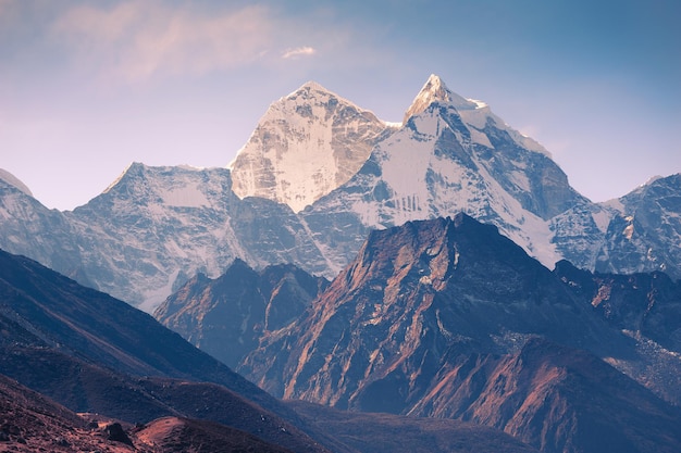 View of Kangtega mount in Himalaya mountains at sunrise. Khumbu valley, Everest region, Nepal.