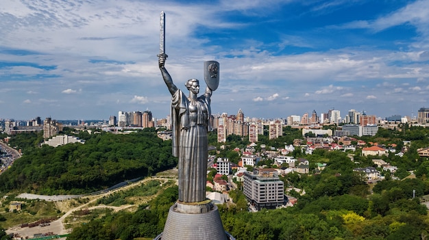 View of Kiev with Motherland statue monument on hills