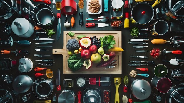 Above view of kitchen utensils flatlay