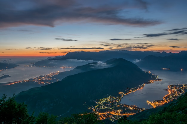 View of Kotor Bay from a high mountain peak at sunset