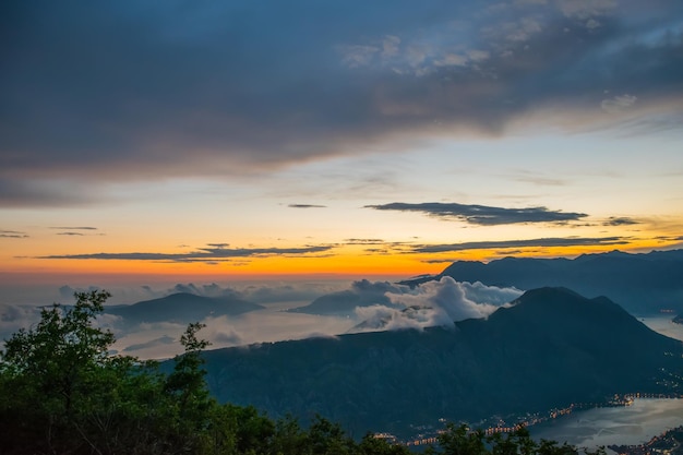 View of Kotor Bay from a high mountain peak at sunset