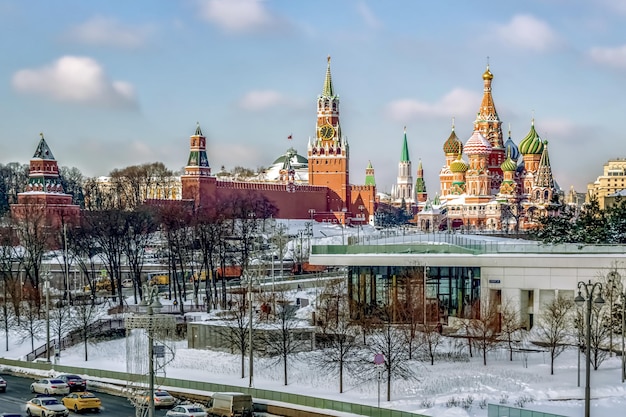 View of the Kremlin and St Basils Cathedral MoscowRussia