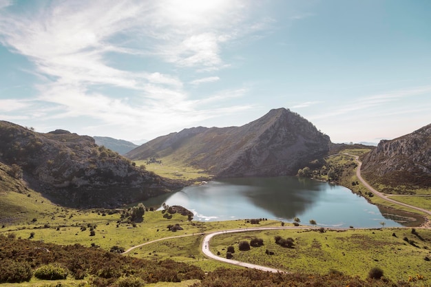 View of Lake Enol in the natural park of the lakes of Covadonga in Picos de Europa Asturias Spain