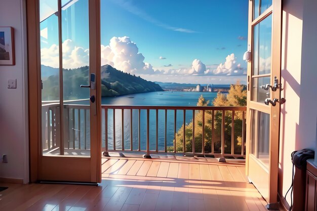 A view of a lake from a balcony with a door open to the outside.