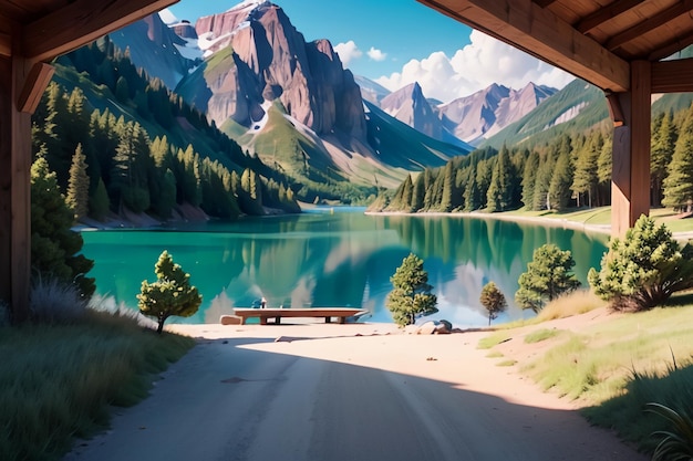 Photo a view of a lake from under a bridge