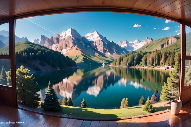 A view of a lake from a room with a mountain in the background.