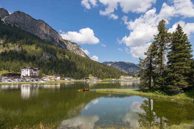 View of Lake Misurina near Auronzo di Cadore, Veneto, Italy on August 9, 2020. Unidentified people