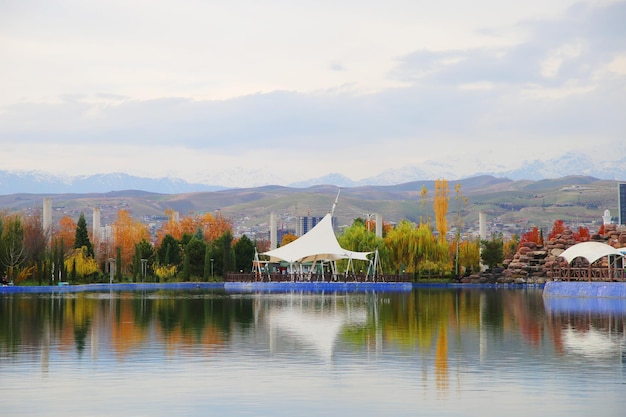 A view of the lake and mountains in the background.