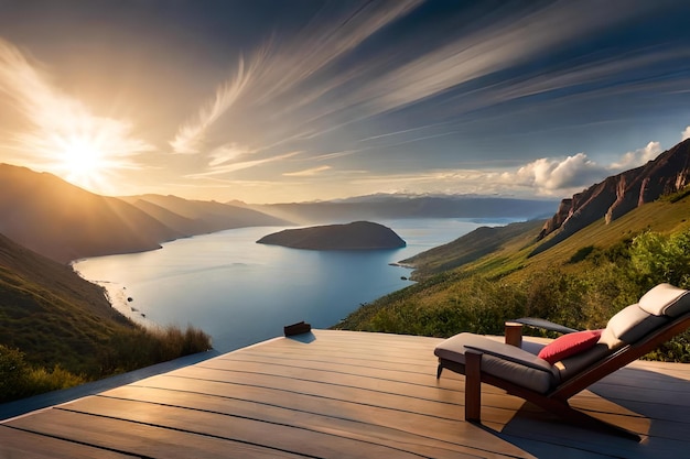 A view of a lake and mountains from a balcony