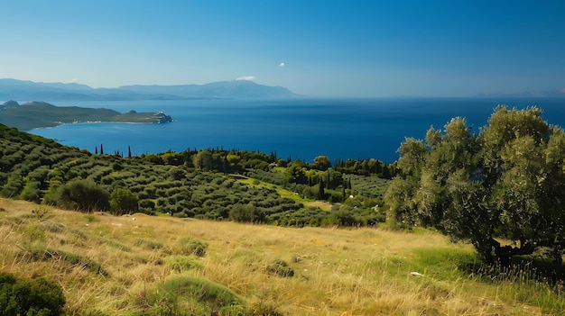 a view of a lake and mountains from the top of a hill