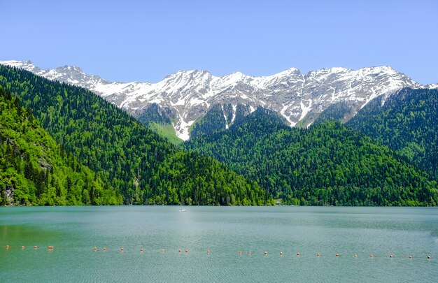 View of lake Ritsa (Riza) in Abkhazia in the spring, snow-capped mountains