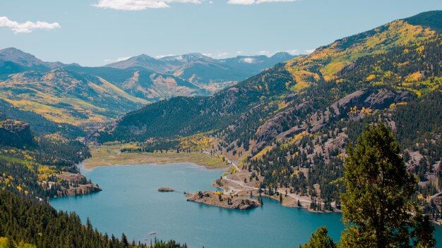 View of Lake San Cristobal in brilliant fall colors. Near lake City, Colorado.