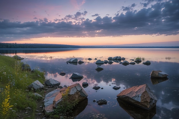 View of the lake Svityaz after sunset Ukraine