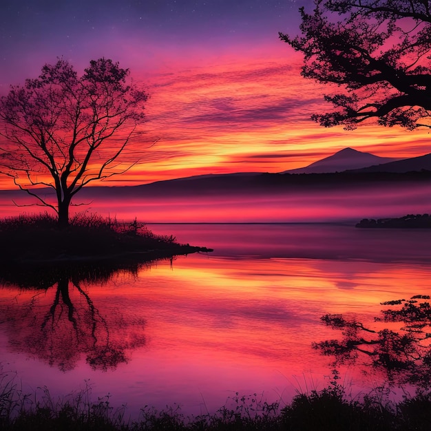 view of a lake with a tree and a mountain in the background