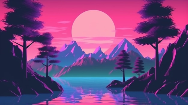 A view of a lake with trees and mountains in the background generative ai