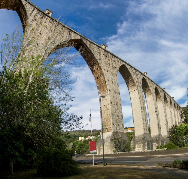 View of the landmark aqueduct located in Lisbon, Portugal.