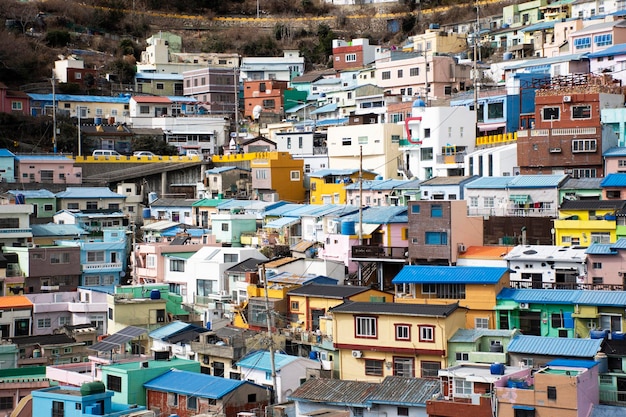 View landscape cityscape of Gamcheon Culture Village and colourful terraced house or Santorini of Pusan city for korean people foreign travelers travel visit on February 18 2023 at Busan South Korea