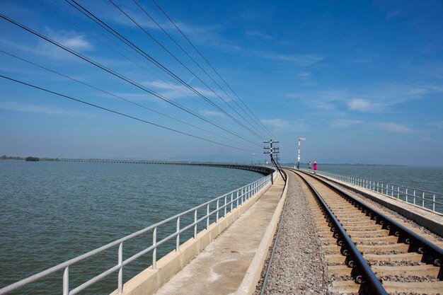 View landscape reservoir and track railway floating in Khuean Pasak Chonlasit Dam for train cross Pa Sak Jolasid dam send receive thai people travelers travel visit at Khok Salung in Lopburi Thailand