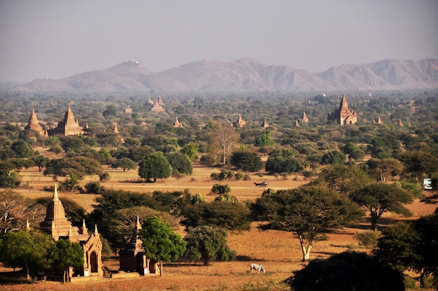 View landscape ruins cityscape UNESCO World Heritage Site with over 2000 pagodas temples for burmese people foreign travelers travel visit at Bagan or Pagan ancient city in Mandalay Myanmar or Burma